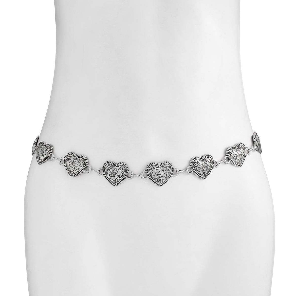 Antique Gold Silver Tone Carved Heart Waist Chain - ArtGalleryZen