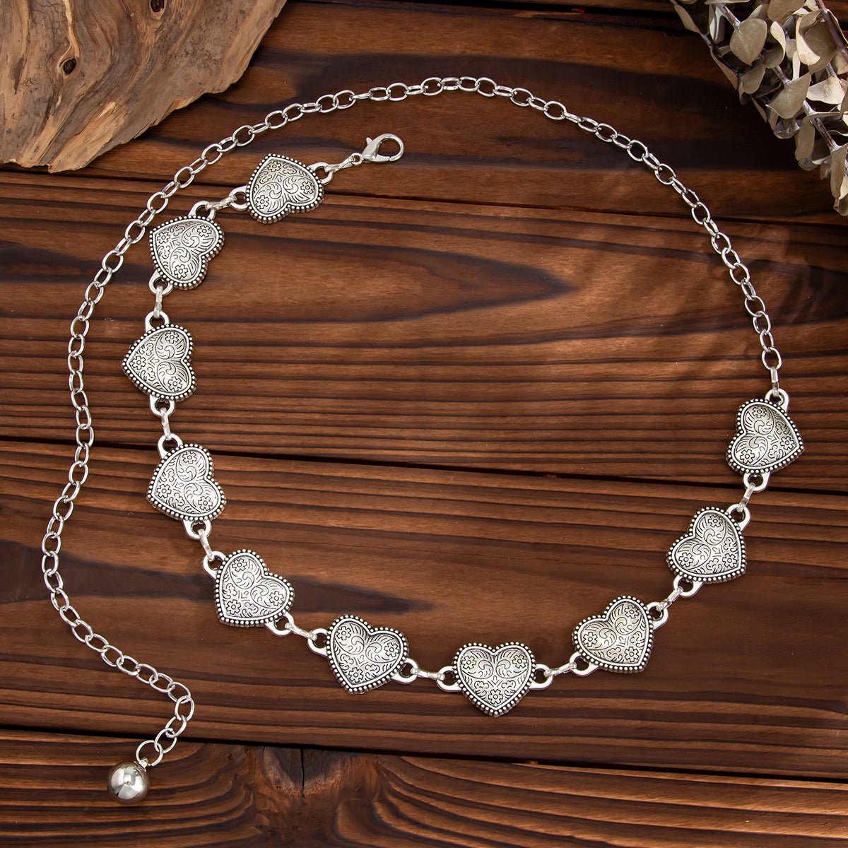 Antique Gold Silver Tone Carved Heart Waist Chain - ArtGalleryZen