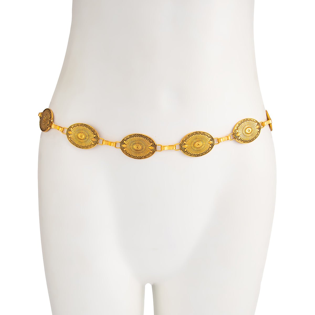 Antique Gold Silver Tone Carved Oval Disk Waist Chain - ArtGalleryZen