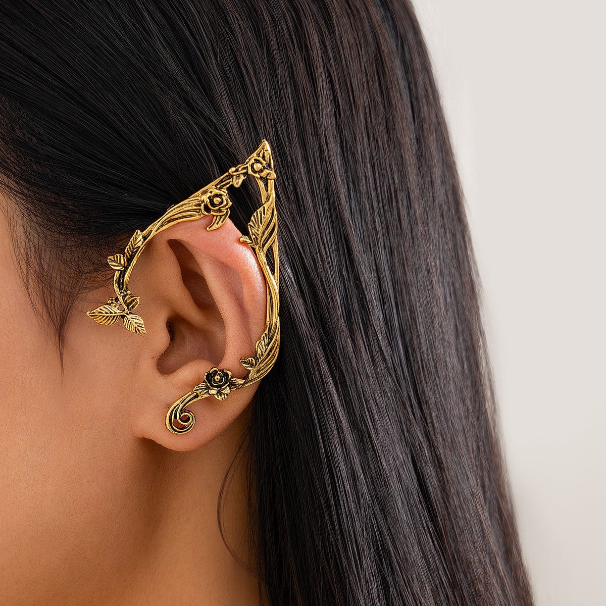 Antique Gold Silver Tone Floral Leaf Ear Cuff Climber Crawler Wrap Earrings - ArtGalleryZen