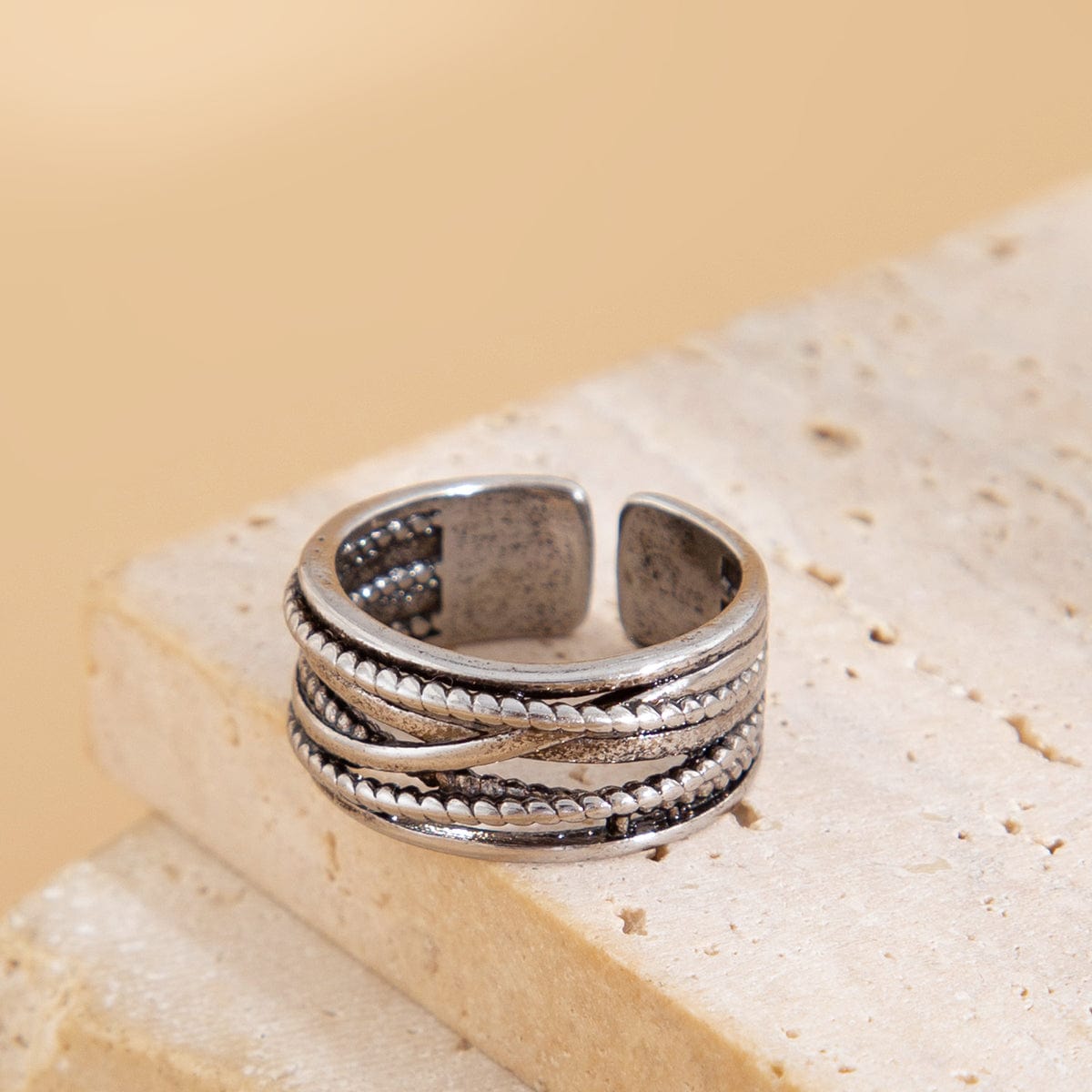 Antique Silver Layered Pattern Open Ring - ArtGalleryZen