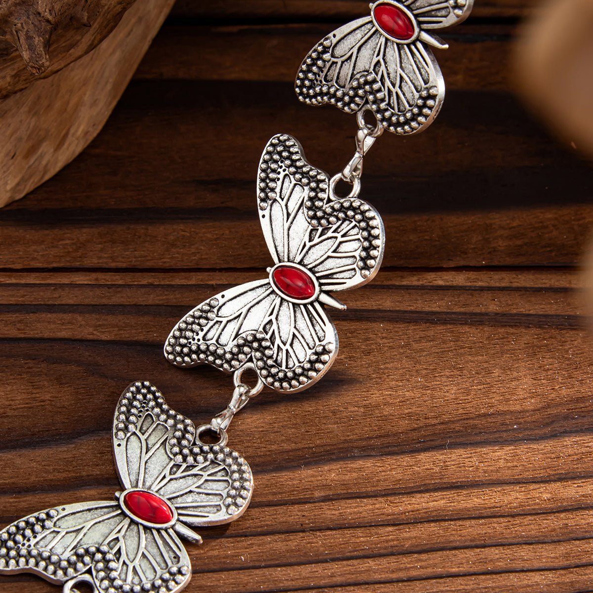 Antique Silver Plated Red Turquoise Inlaid Butterfly Waist Chain - ArtGalleryZen