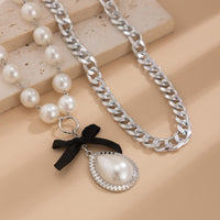 Thumbnail for Baroque 2pcs Bowknot Pearl Pendant Curb Chain Necklace Set - ArtGalleryZen