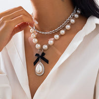 Thumbnail for Baroque 2pcs Bowknot Pearl Pendant Curb Chain Necklace Set - ArtGalleryZen