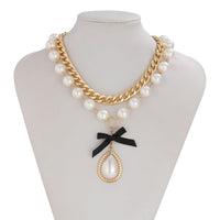 Thumbnail for Baroque 2pcs Bowknot Pearl Pendant Curb Chain Necklace Set - ArtGalleryZen