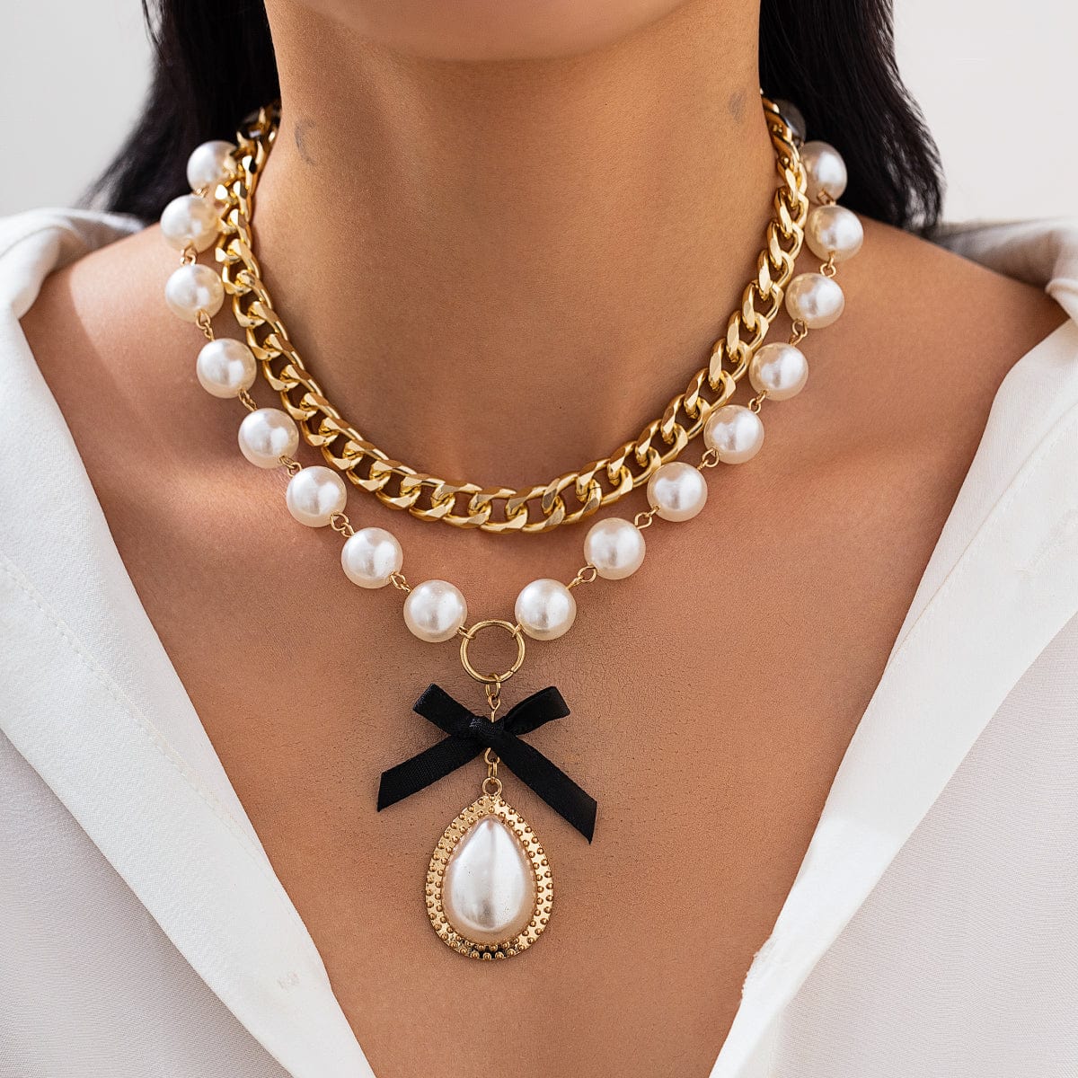 Baroque 2pcs Bowknot Pearl Pendant Curb Chain Necklace Set - ArtGalleryZen