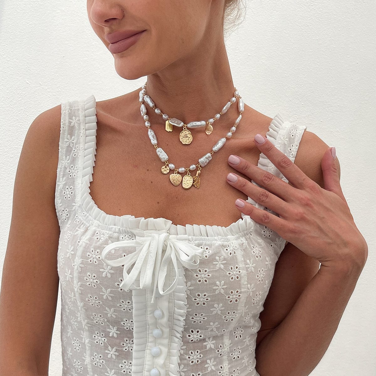 Baroque 2pcs Heart Disk Pendant Irregular Pearl Chain Necklace Set - ArtGalleryZen