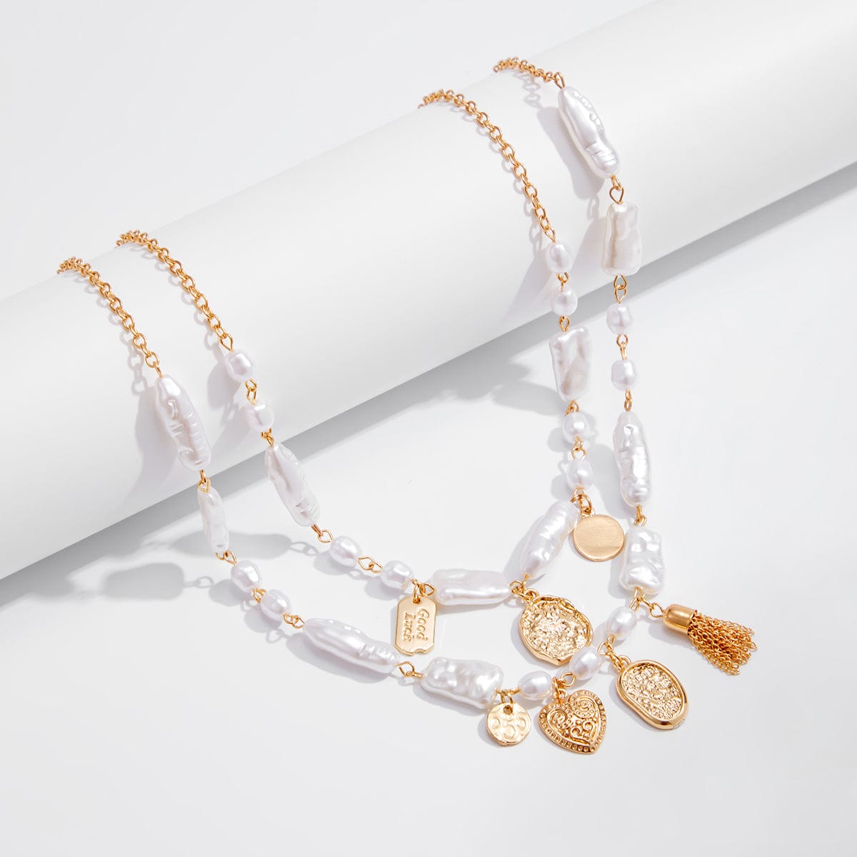 Baroque 2pcs Heart Disk Pendant Irregular Pearl Chain Necklace Set - ArtGalleryZen