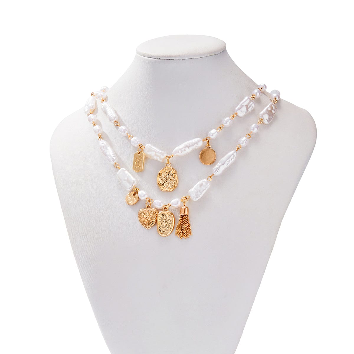 Baroque 2pcs Heart Disk Pendant Irregular Pearl Chain Necklace Set - ArtGalleryZen