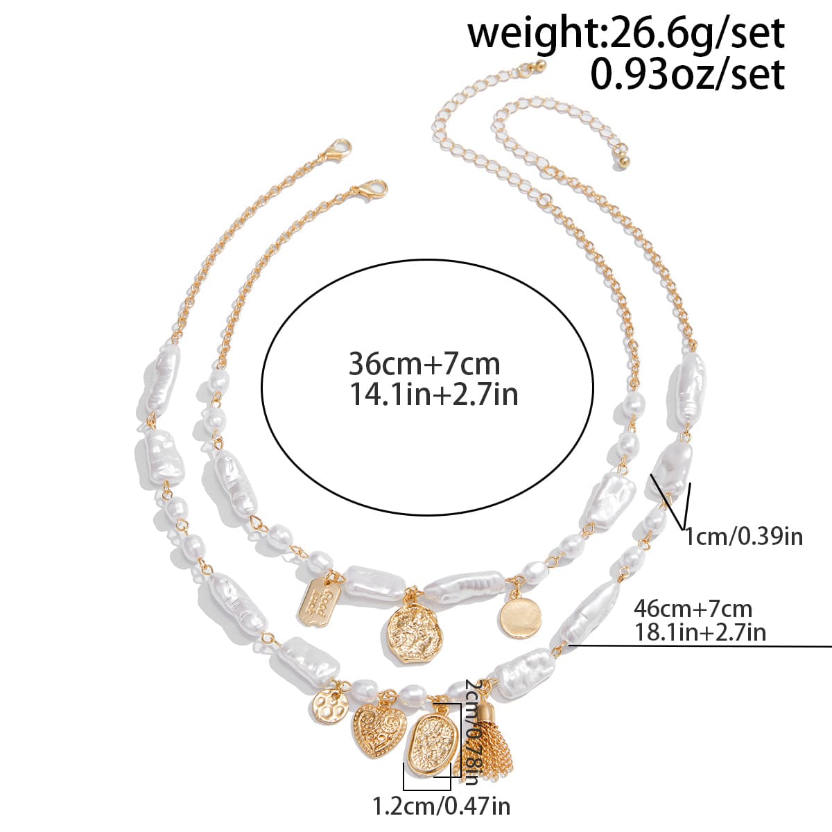 Baroque 2pcs Heart Disk Pendant Irregular Pearl Chain Necklace Set - ArtGalleryZen