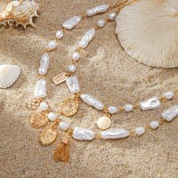 Thumbnail for Baroque 2pcs Heart Disk Pendant Irregular Pearl Chain Necklace Set - ArtGalleryZen