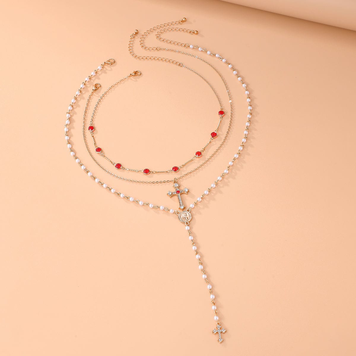 Baroque 3pcs Cross Pendant Pearl Crystal Chain Y Necklace Set - ArtGalleryZen