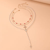 Thumbnail for Baroque 3pcs Cross Pendant Pearl Crystal Chain Y Necklace Set - ArtGalleryZen