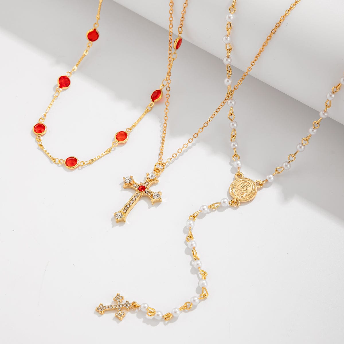 Baroque 3pcs Cross Pendant Pearl Crystal Chain Y Necklace Set - ArtGalleryZen