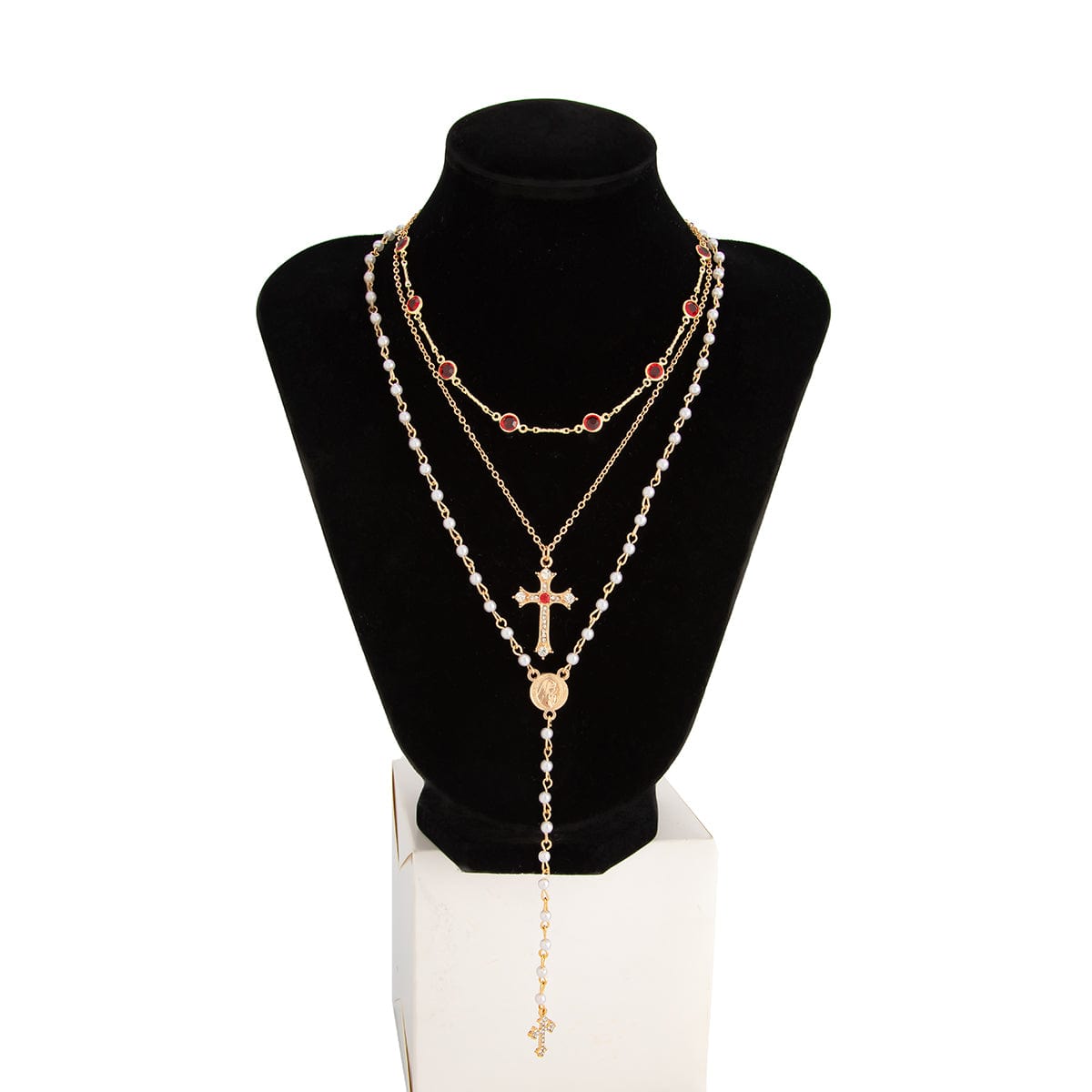 Baroque 3pcs Cross Pendant Pearl Crystal Chain Y Necklace Set - ArtGalleryZen