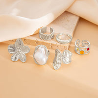Thumbnail for Baroque 6pcs Irregular Pearl Inlaid Textured Flower Ring Set - ArtGalleryZen