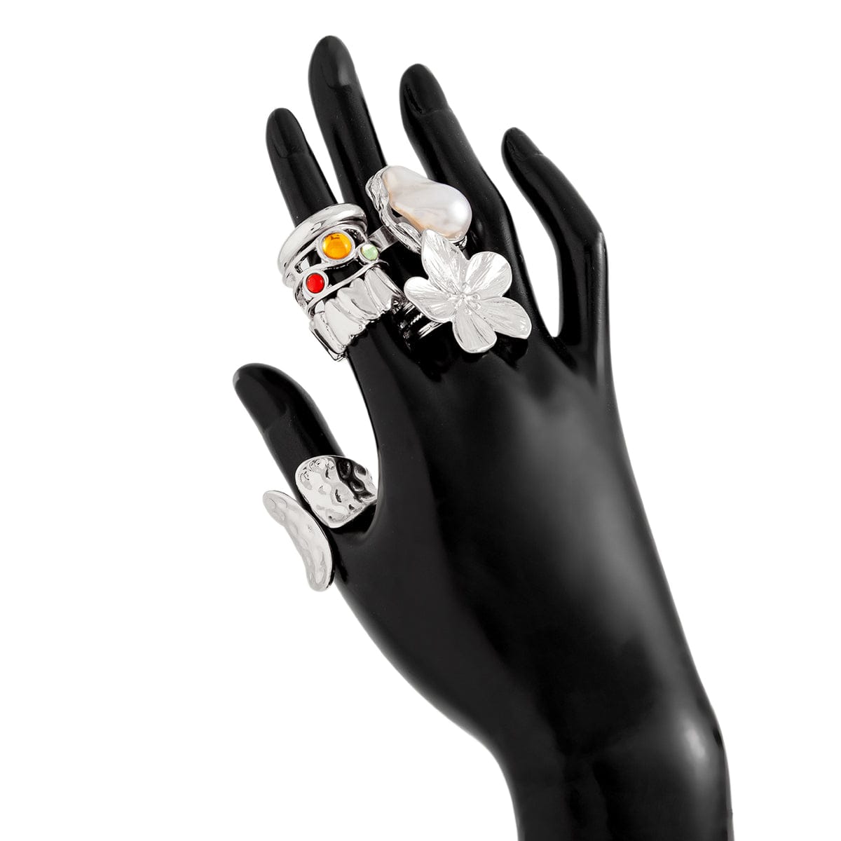 Baroque 6pcs Irregular Pearl Inlaid Textured Flower Ring Set - ArtGalleryZen