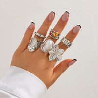 Thumbnail for Baroque 6pcs Irregular Pearl Inlaid Textured Flower Ring Set - ArtGalleryZen