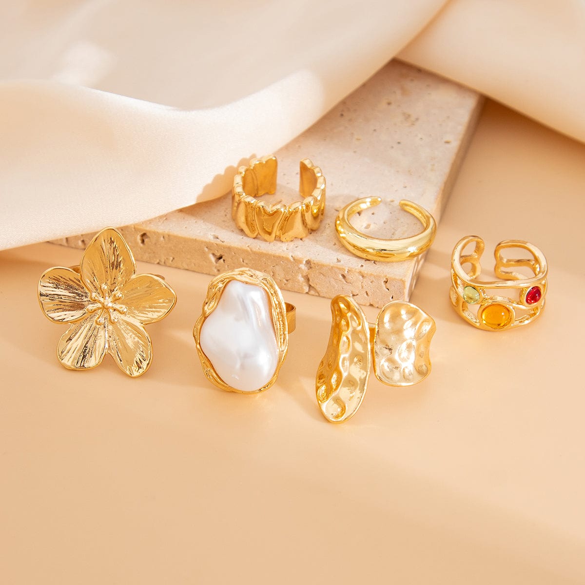 Baroque 6pcs Irregular Pearl Inlaid Textured Flower Ring Set - ArtGalleryZen