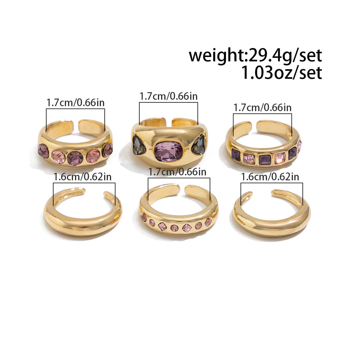 Baroque 6pcs Pink Rhinestone Inlaid Open Ring Set - ArtGalleryZen