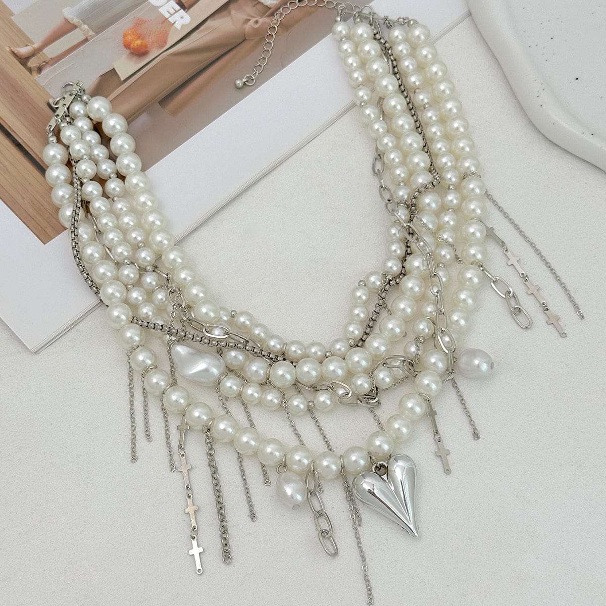Baroque Chunky Layered Heart Cross Tassel Pearl Chain Necklace - ArtGalleryZen