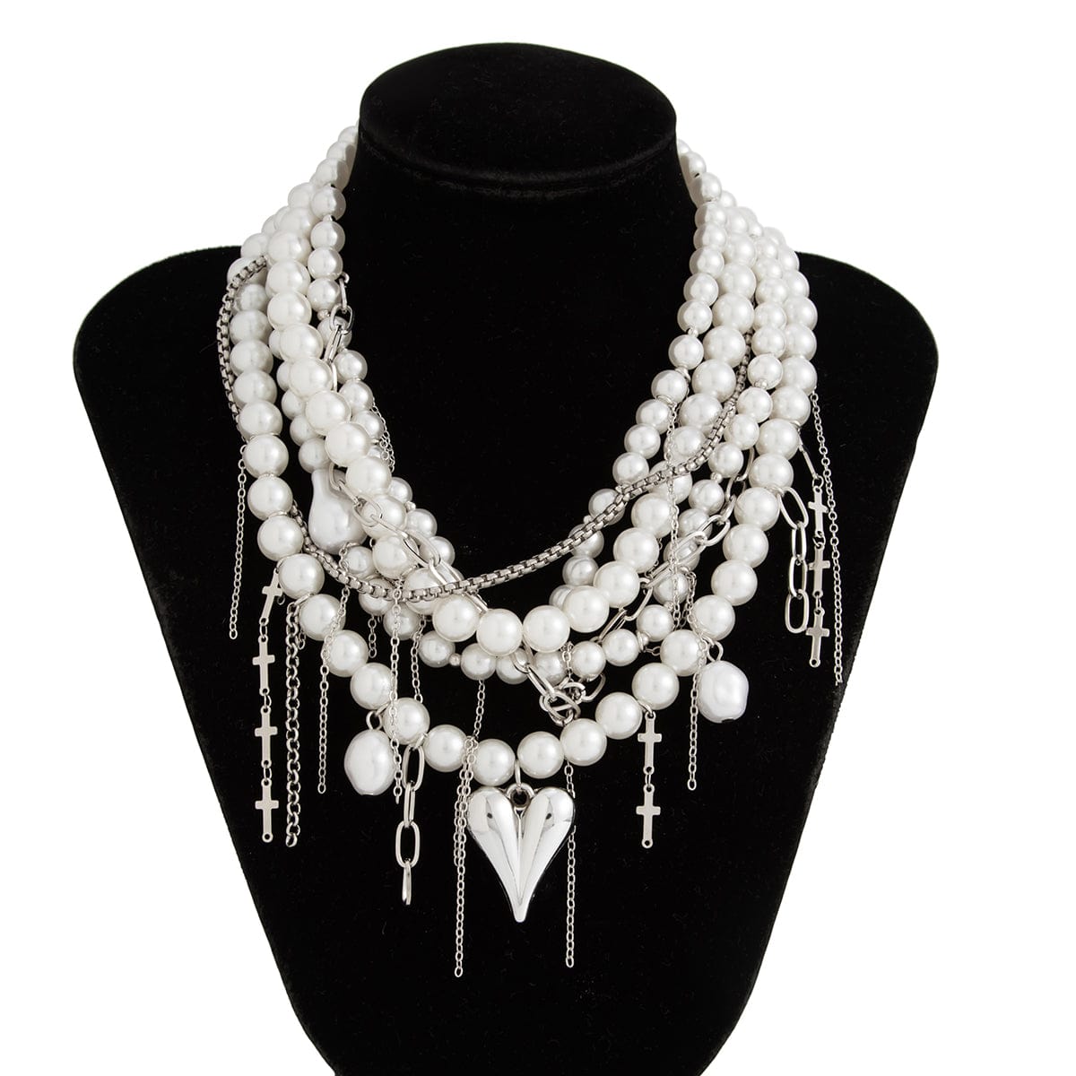 Baroque Chunky Layered Heart Cross Tassel Pearl Chain Necklace - ArtGalleryZen