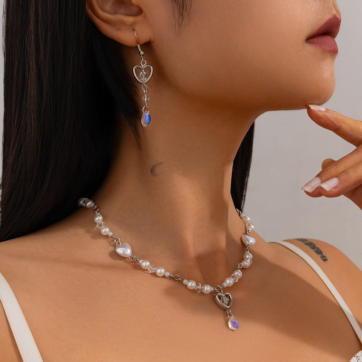 Baroque Crystal Heart Pendant Pearl Seed Bead Chain Necklace Earrings Set - ArtGalleryZen
