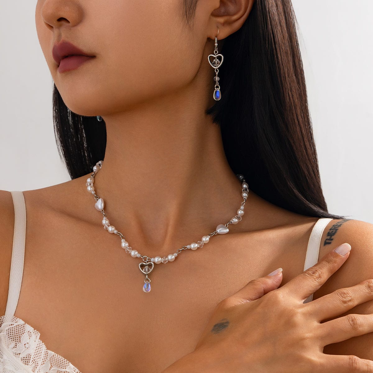 Baroque Crystal Heart Pendant Pearl Seed Bead Chain Necklace Earrings Set - ArtGalleryZen