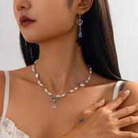 Thumbnail for Baroque Crystal Heart Pendant Pearl Seed Bead Chain Necklace Earrings Set - ArtGalleryZen