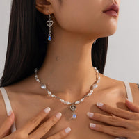 Thumbnail for Baroque Crystal Heart Pendant Pearl Seed Bead Chain Necklace Earrings Set - ArtGalleryZen