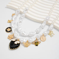 Thumbnail for Baroque Enamel Bee Heart Bow Pendant Irregular Pearl Chain Necklace Set - ArtGalleryZen