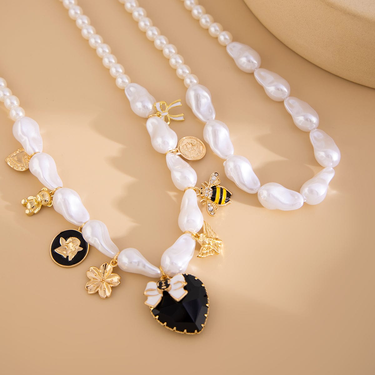 Baroque Enamel Bee Heart Bow Pendant Irregular Pearl Chain Necklace Set - ArtGalleryZen