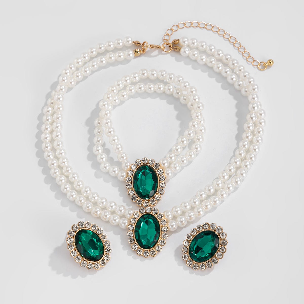 Baroque Layered Emerald CZ Inlaid Pearl Chain Choker Necklace Bracelet Earrings Set - ArtGalleryZen