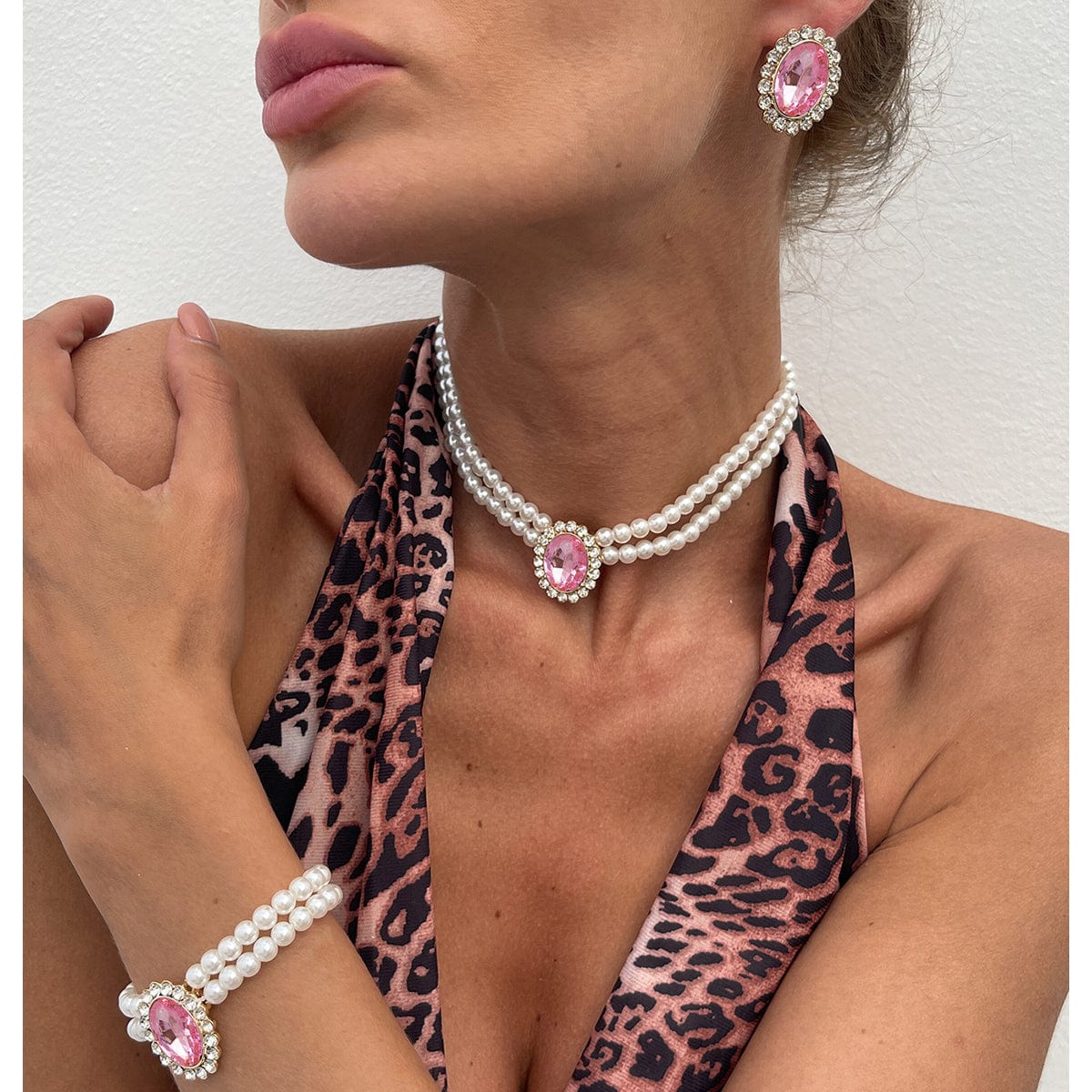 Baroque Layered Emerald CZ Inlaid Pearl Chain Choker Necklace Bracelet Earrings Set - ArtGalleryZen