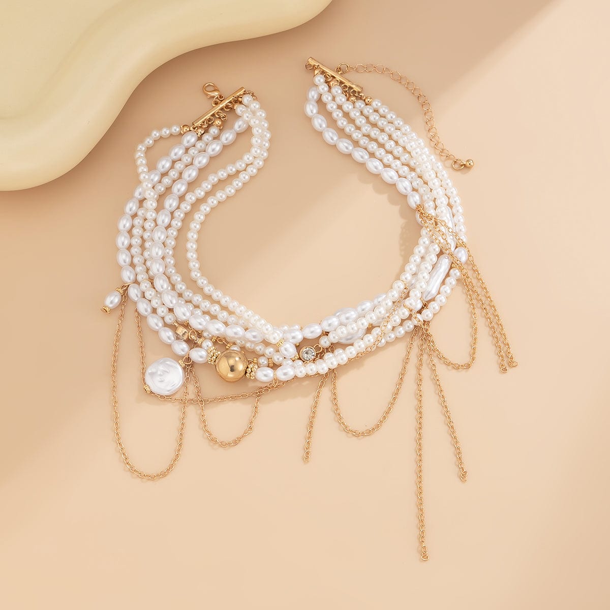Baroque Layered Gold Tone Pearl Chain Tassel Choker Necklace - ArtGalleryZen