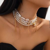 Thumbnail for Baroque Layered Gold Tone Pearl Chain Tassel Choker Necklace - ArtGalleryZen