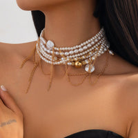 Thumbnail for Baroque Layered Gold Tone Pearl Chain Tassel Choker Necklace - ArtGalleryZen