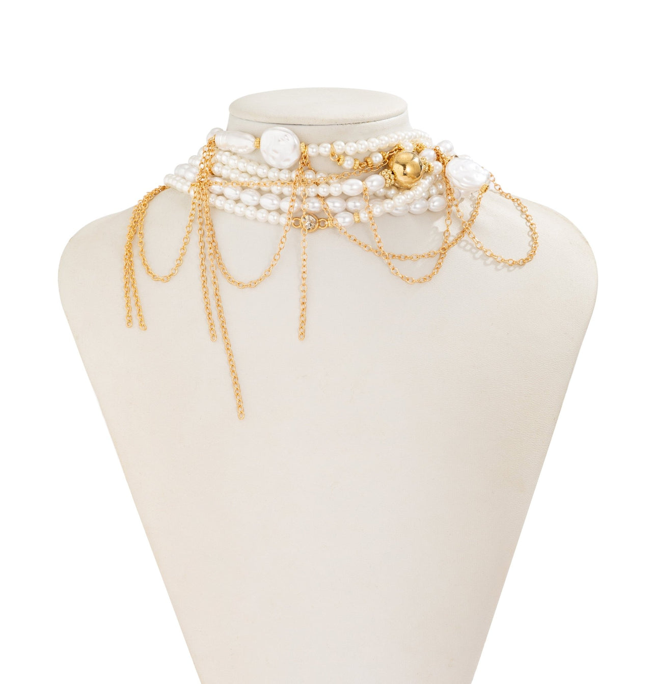 Baroque Layered Gold Tone Pearl Chain Tassel Choker Necklace - ArtGalleryZen