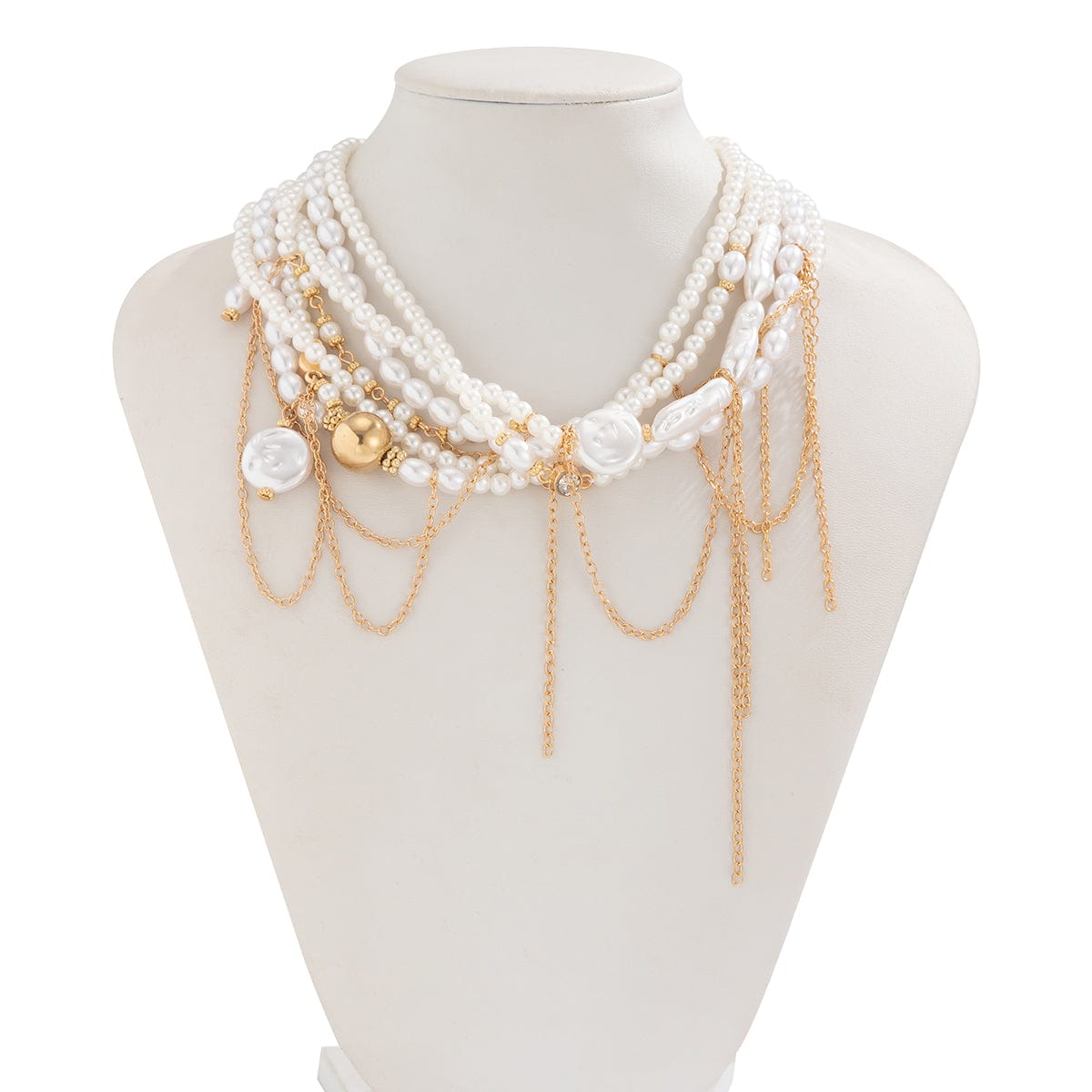 Baroque Layered Gold Tone Pearl Chain Tassel Choker Necklace - ArtGalleryZen