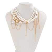 Thumbnail for Baroque Layered Gold Tone Pearl Chain Tassel Choker Necklace - ArtGalleryZen