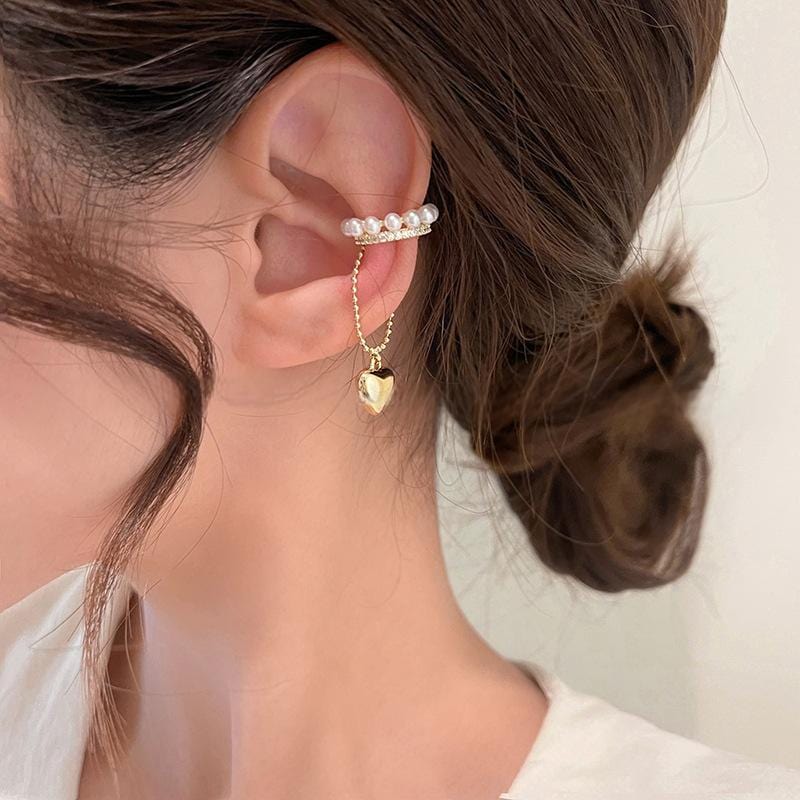 Baroque Pearl CZ Inlaid Heart Dangle Ear Cuff Earring - ArtGalleryZen