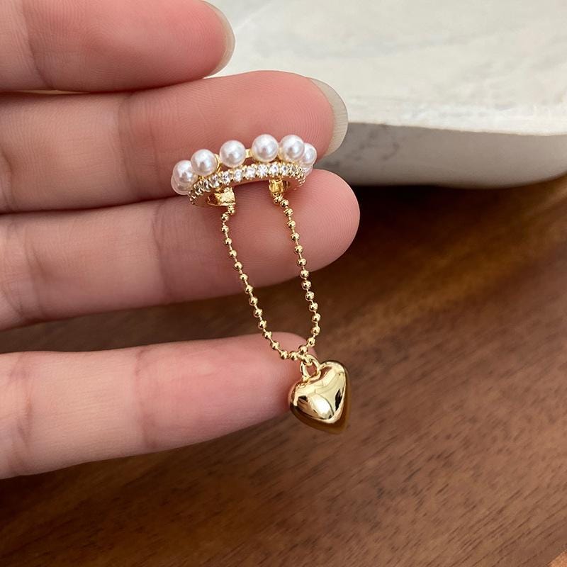 Baroque Pearl CZ Inlaid Heart Dangle Ear Cuff Earring - ArtGalleryZen