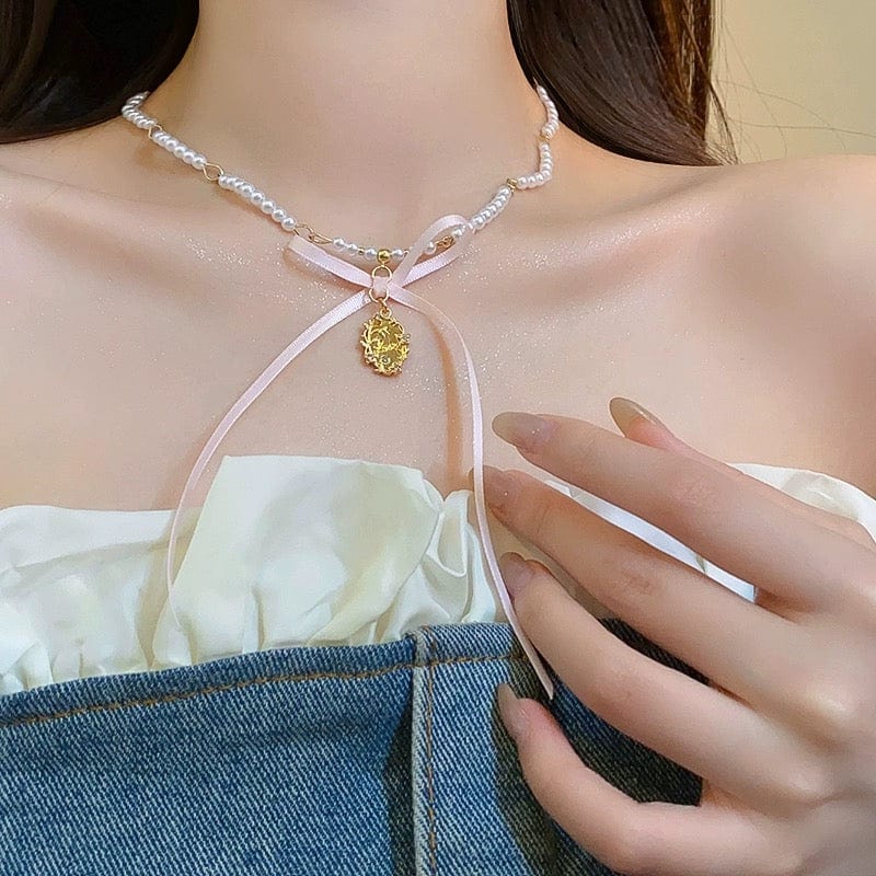 Baroque Pink Ribbon Bowknot Relief Pendant Pearl Necklace - ArtGalleryZen