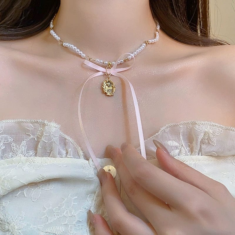 Baroque Pink Ribbon Bowknot Relief Pendant Pearl Necklace - ArtGalleryZen