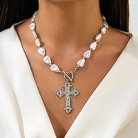 Thumbnail for Baroque Toggle Clasp Cross Pendant Irregular Pearl Chain Necklace - ArtGalleryZen