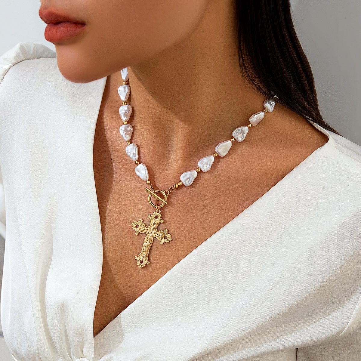 Baroque Toggle Clasp Cross Pendant Irregular Pearl Chain Necklace - ArtGalleryZen