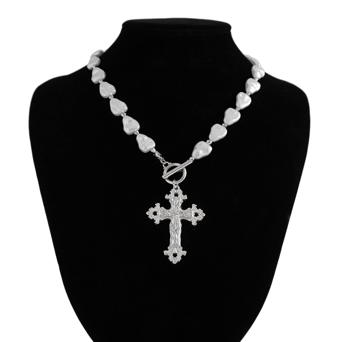 Baroque Toggle Clasp Cross Pendant Irregular Pearl Chain Necklace - ArtGalleryZen