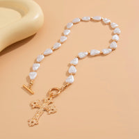 Thumbnail for Baroque Toggle Clasp Cross Pendant Irregular Pearl Chain Necklace - ArtGalleryZen