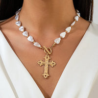 Thumbnail for Baroque Toggle Clasp Cross Pendant Irregular Pearl Chain Necklace - ArtGalleryZen