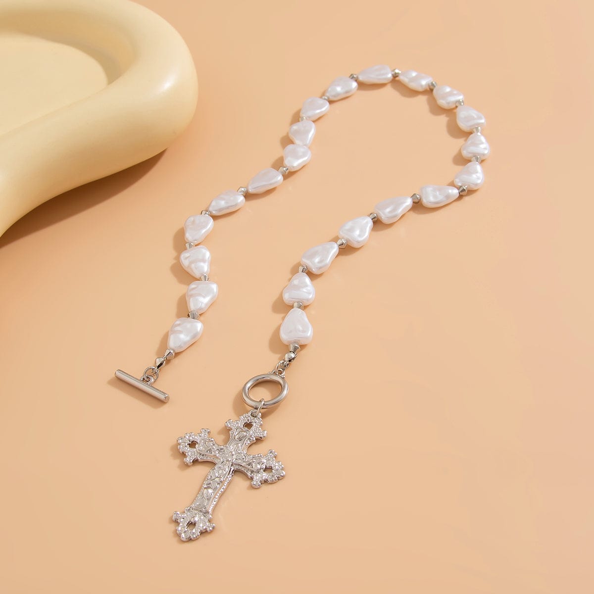Baroque Toggle Clasp Cross Pendant Irregular Pearl Chain Necklace - ArtGalleryZen